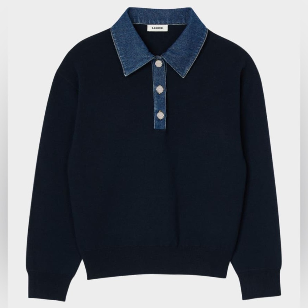 Sandro Dark Blue Sweater with Denim Accents